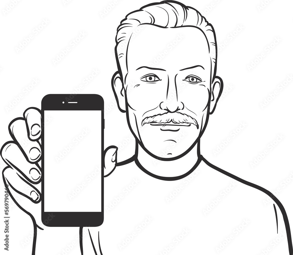 Aufkleber line drawing of a mustache senior man showing a mobile app on a smart phone - png image with transpa
