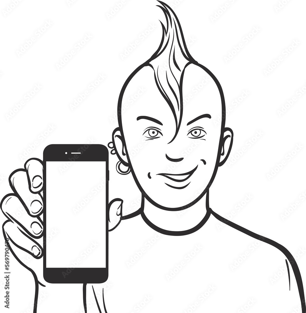 Poster line drawing of a punk showing a mobile app on a smart phone - png image with transparent background