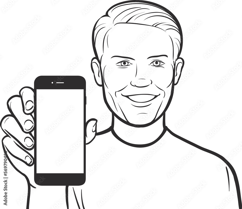 Aufkleber line drawing of a retro man showing a mobile app on a smart phone - png image with transparent backg