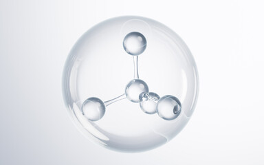 Transparent molecule in the bubble, 3d rendering.