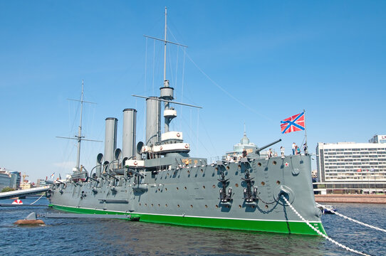 St. Petersburg, Russia - August 23 , 2022: Ship Museum Cruiser Aurora on the Neva