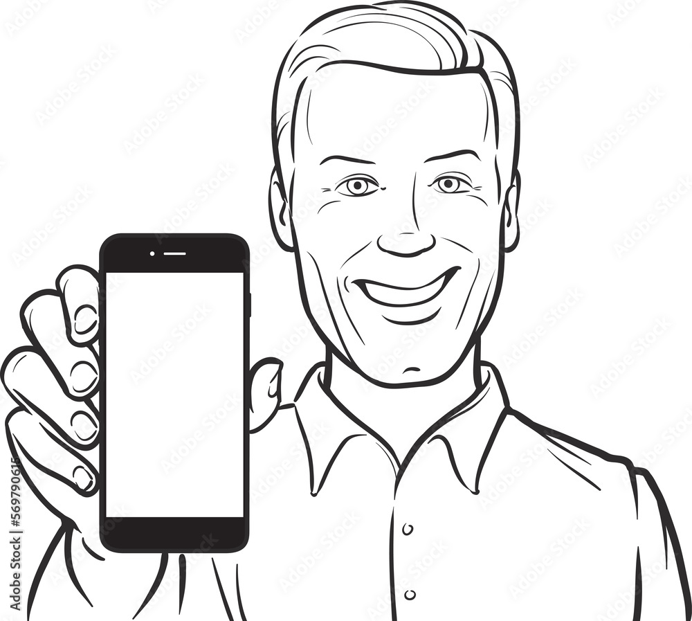 Poster line drawing of a smiling man showing a mobile app on a smart phone - png image with transparent bac