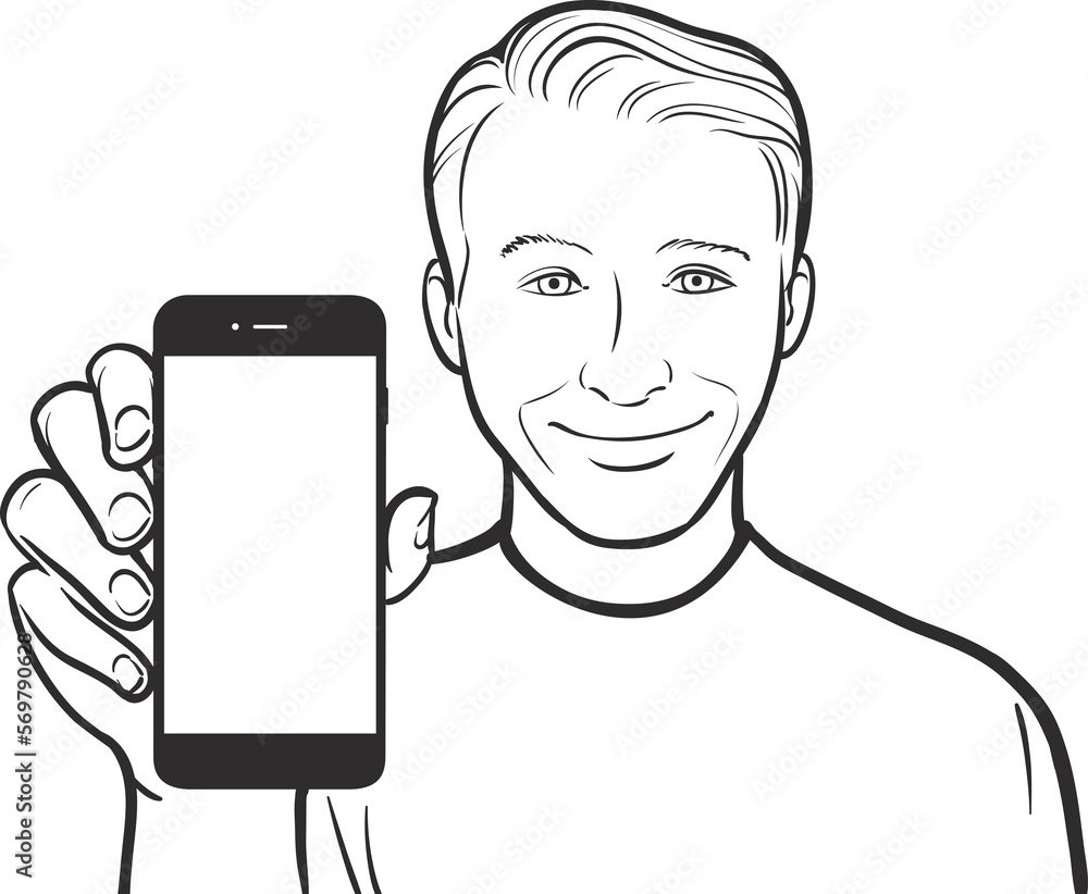 Poster line drawing of a smiling young man showing a mobile app on a smart phone - png image with transpare