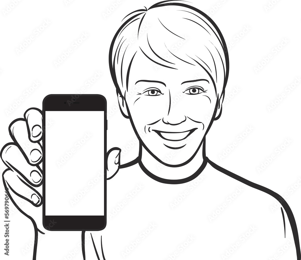 Poster line drawing of a teenager showing a mobile app on a smart phone - png image with transparent backgr