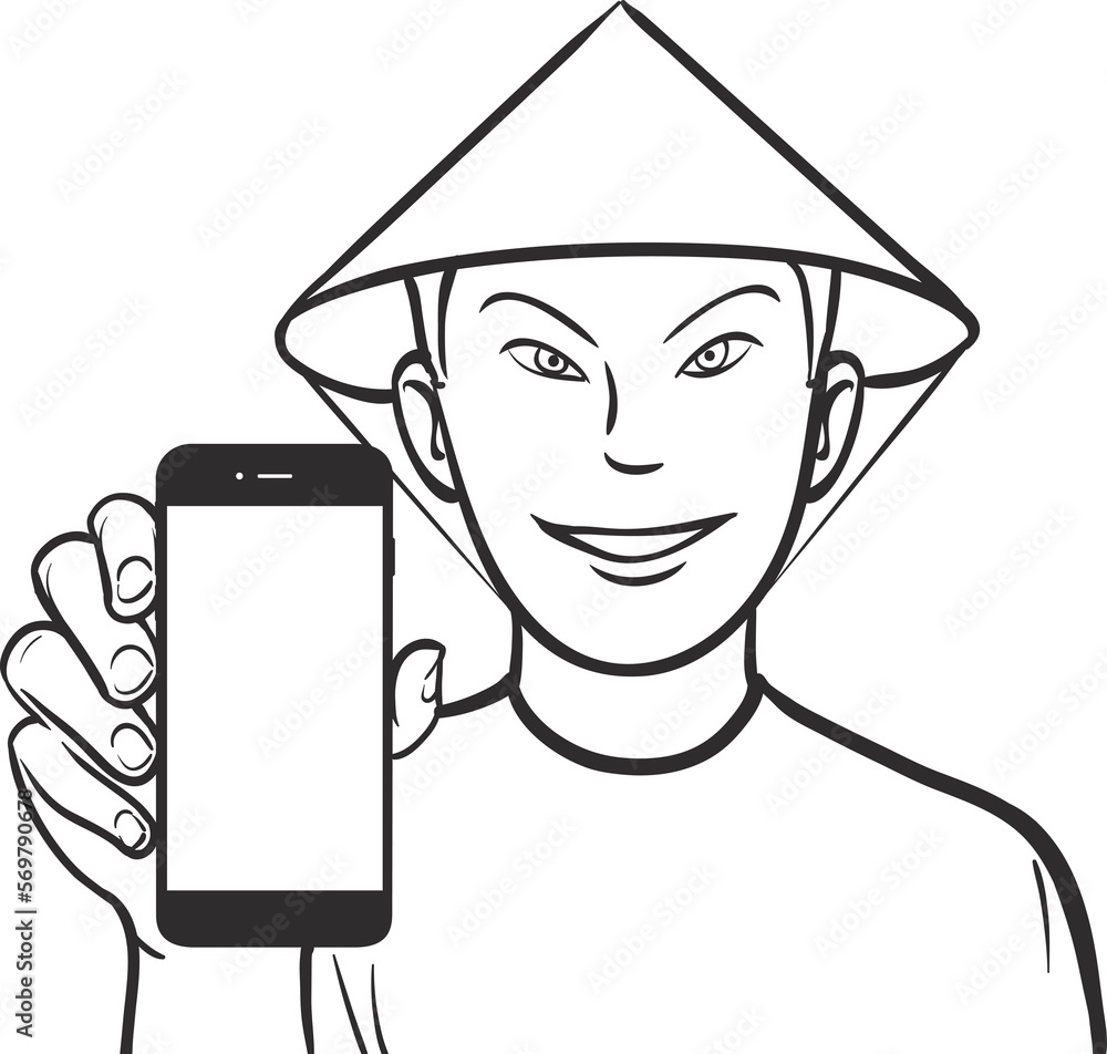Poster line drawing of a vietnamese man showing a mobile app on a smart phone - png image with transparent 
