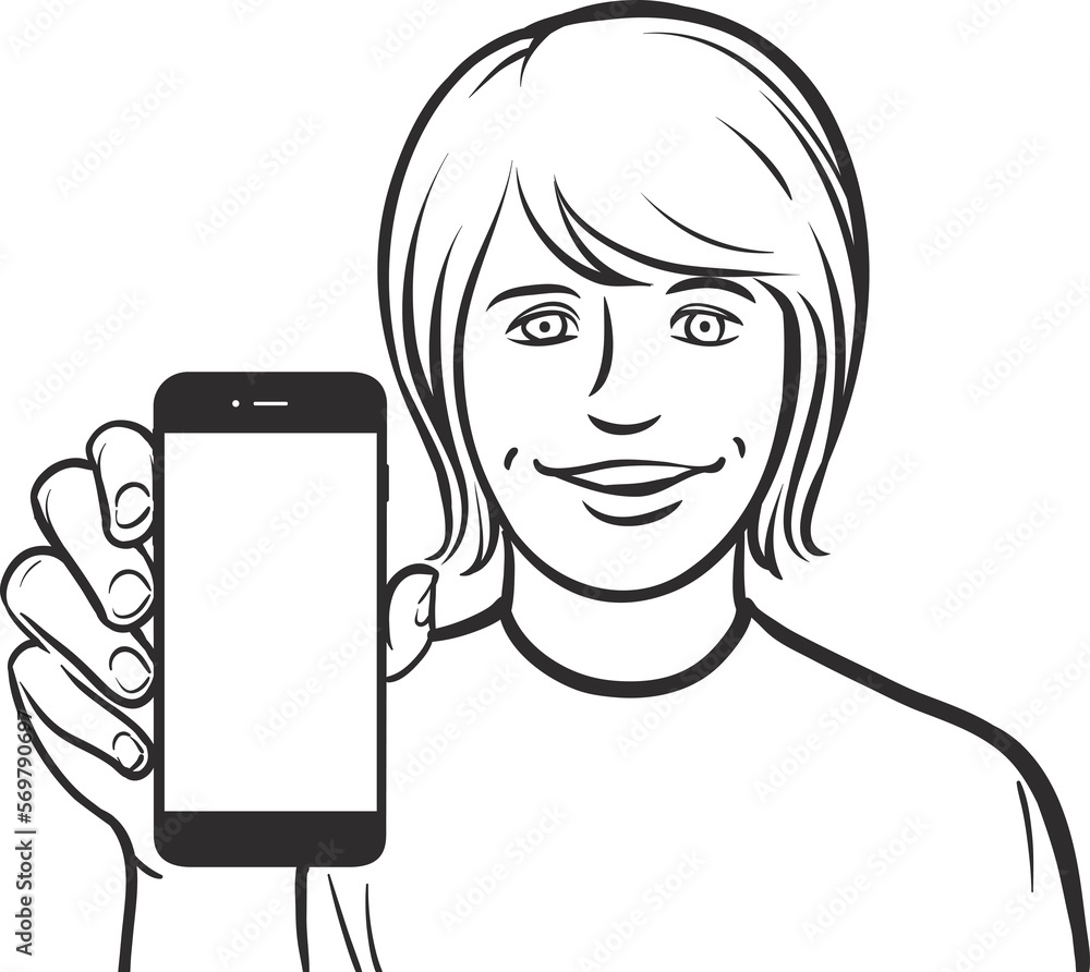 Aufkleber line drawing of a white student showing a mobile app on a smart phone - png image with transparent b