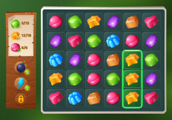 Match 3 candy game ui interface background. Vector jelly puzzle mobile app design. Set of food icon on screen with score field. Cartoon gameplay assets with bonus and booster button.