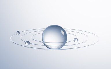 Transparent ball with rings surrounded, 3d rendering.