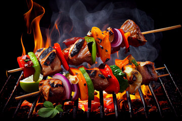 Schaschlik - Spieß mit Fleisch und Gemüse auf einen brennenden Grill - Generative Ai 