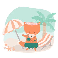 Obraz na płótnie Canvas Fox on the beach in summer holidays cartoon vector