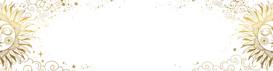 Magic banner golden sun with face on white starry sky, heavenly boho card with copy space. Template for astrology, tarot, witch banner. Hand drawn vector illustration, vintage design.