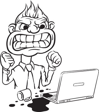 whiteboard drawing angry businessman pouring cup of coffee on laptop computer - PNG image with transparent background