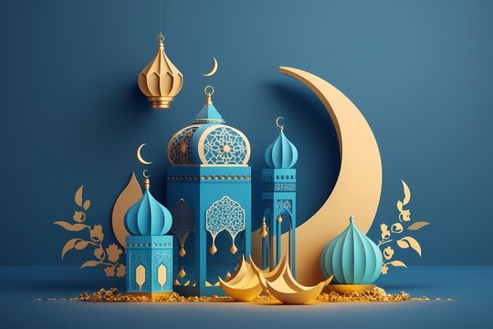 Ramadan Kareem Celebration 3D Illustration on Soft Blue Color