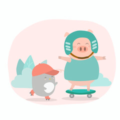 pig with skateboard and penguin with roller skate playing together