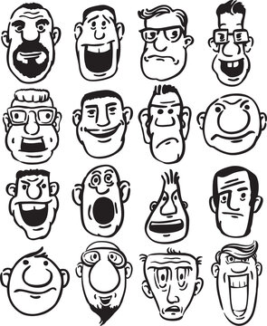 whiteboard drawing big set of funny doodle faces - PNG image with transparent background
