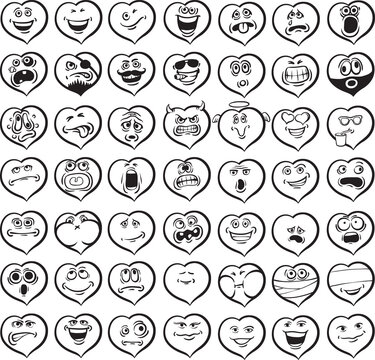 whiteboard drawing big set of smiling hearts - PNG image with transparent background