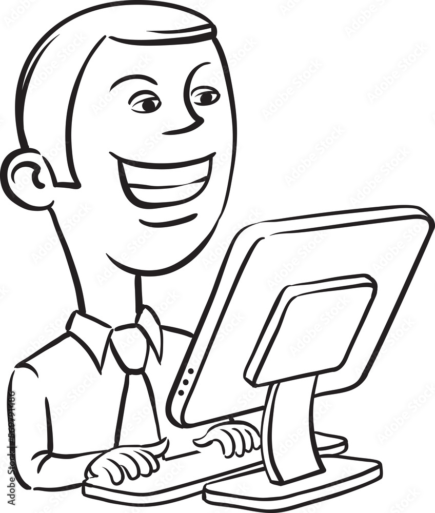 Aufkleber whiteboard drawing businessman and desktop computer - png image with transparent background
