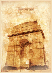india gate delhi Coffee painting. Coffee art. india gate Illustrations.