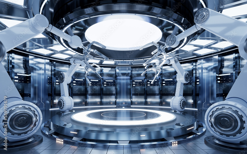 Poster mechanical arm and empty stage, 3d rendering.