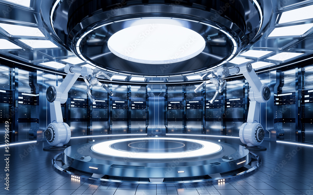 Poster mechanical arm and empty stage, 3d rendering.