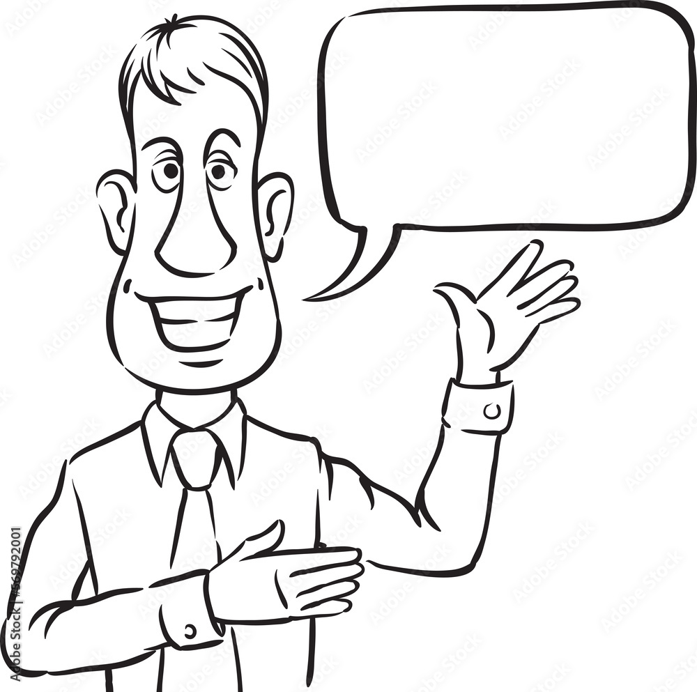 Poster whiteboard drawing businessman with speech bubble smiling and pointing - png image with transparent 