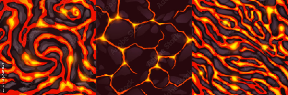 Poster textures of lava, magma and stones. seamless patterns of volcano rock surface with cracks and flows 