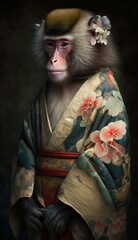 Photo Shoot of Unique Breathtaking Cultural Apparel:Elegant Baboon Animal in Traditional Japanese Kimono with Obi Sash and Beautiful Eye-catching Patterns like Men, Women, and Kids generative AI