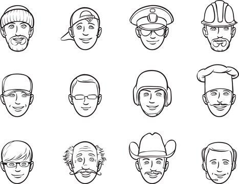 whiteboard drawing cartoon avatar faces various occupations - PNG image with transparent background