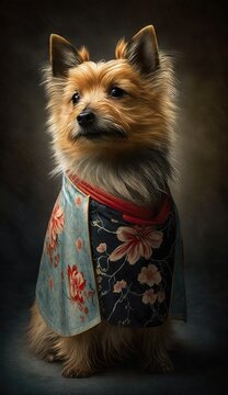 Photo Shoot Of Unique Breathtaking Cultural Apparel: Elegant Australian Terrier Dog In A Traditional Japanese Kimono With Obi Sash And Beautiful Eye-catching Patterns Like Men, Women, And Kids