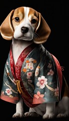 Photo Shoot of Unique Breathtaking Cultural Apparel: Elegant Beagle Dog in a Traditional Japanese Kimono with Obi Sash and Beautiful Eye-catching Patterns like Men, Women, and Kids (generative AI)