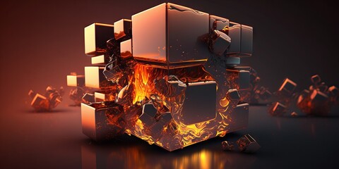 Abstract metallic cubes with lava glow effect. Generative ai