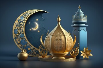 Ramadan kareem Illustration 3D Render on Soft Blue Color