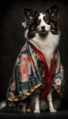 Photo Shoot of Unique Breathtaking Cultural Apparel: Elegant Collie Dog in a Traditional Japanese Kimono with Obi Sash and Beautiful Eye-catching Patterns like Men, Women, and Kids (generative AI)