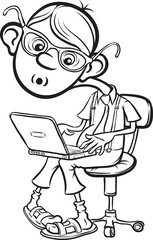 whiteboard drawing Cartoon geek boy sitting with laptop - PNG image with transparent background
