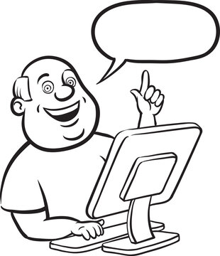 whiteboard drawing cartoon fat man with desktop computer - PNG image with transparent background