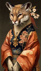 Photo Shoot of Unique Breathtaking Cultural Apparel:Elegant cougar Animal in Traditional Japanese Kimono with Obi Sash and Beautiful Eye-catching Patterns like Men, Women, and Kids generative AI