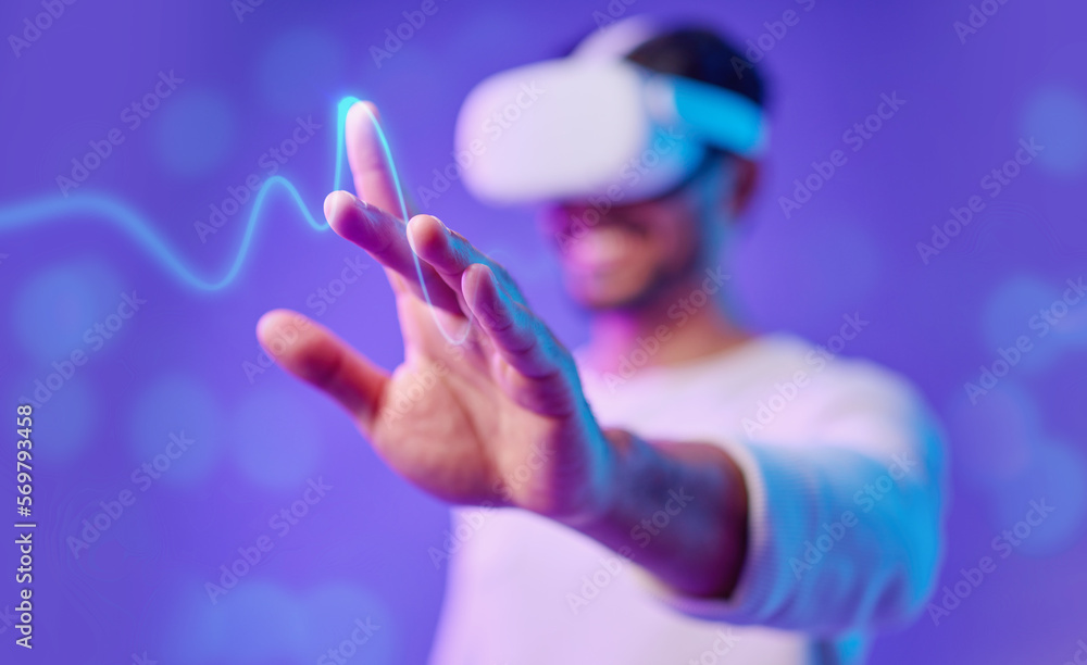 Poster metaverse, hand and virtual reality, man and screen touch, futuristic and technology innovation in s