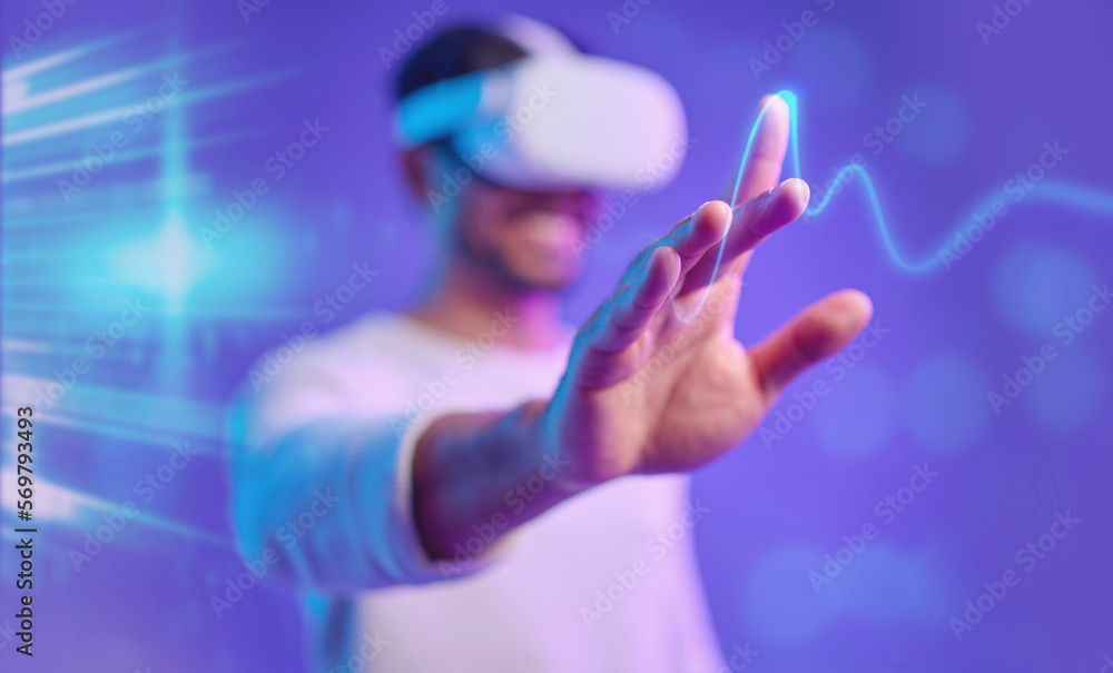 Poster metaverse, hand and vr, man and screen touch, futuristic and technology innovation in studio. digita