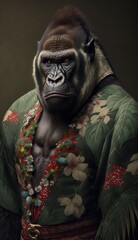 Photo Shoot of Unique Breathtaking Cultural Apparel:Elegant Gorilla Animal in Traditional Japanese Kimono with Obi Sash and Beautiful Eye-catching Patterns like Men, Women, and Kids generative AI