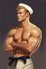 illustration of handsome 1940s sailor pinup male model made with generative ai - obrazy, fototapety, plakaty