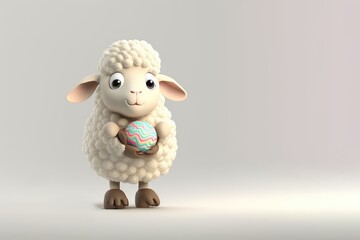 Cute easter lamb character with easter colorful eggs, fluffy adorable sheep.Generated AI