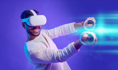 Virtual reality headset, metaverse and man fight for futuristic gaming, cyber and 3d world. Gamer...