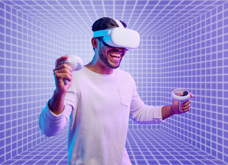 Futuristic, gaming or man in metaverse on purple background with hand vr controllers in neon...
