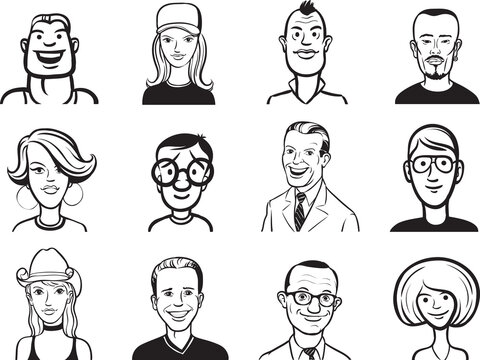 whiteboard drawing collection of people cartoon faces - PNG image with transparent background