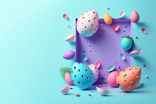 Happy Easter greeting card, carving 3d paper cut easter egg concept design background. Generated AI