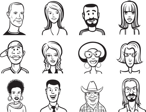 whiteboard drawing collection of people faces - PNG image with transparent background