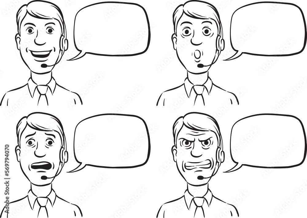 Poster whiteboard drawing customer service man with headset and speech bubble - png image with transparent 