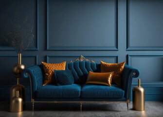 Modern And Classic Living Room Interior Design, Classic Blue Sofa In Blue Wal. Generated AI