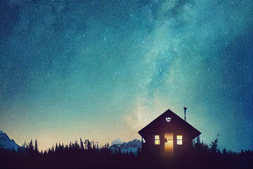 Cabin at night with starry sky, AI generative art
