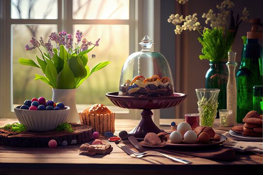 Easter Table Decorations With Colorful Eggs, Foods And Centerpieces For Spring. Tablescape On Sunlrise Background. Generated AI